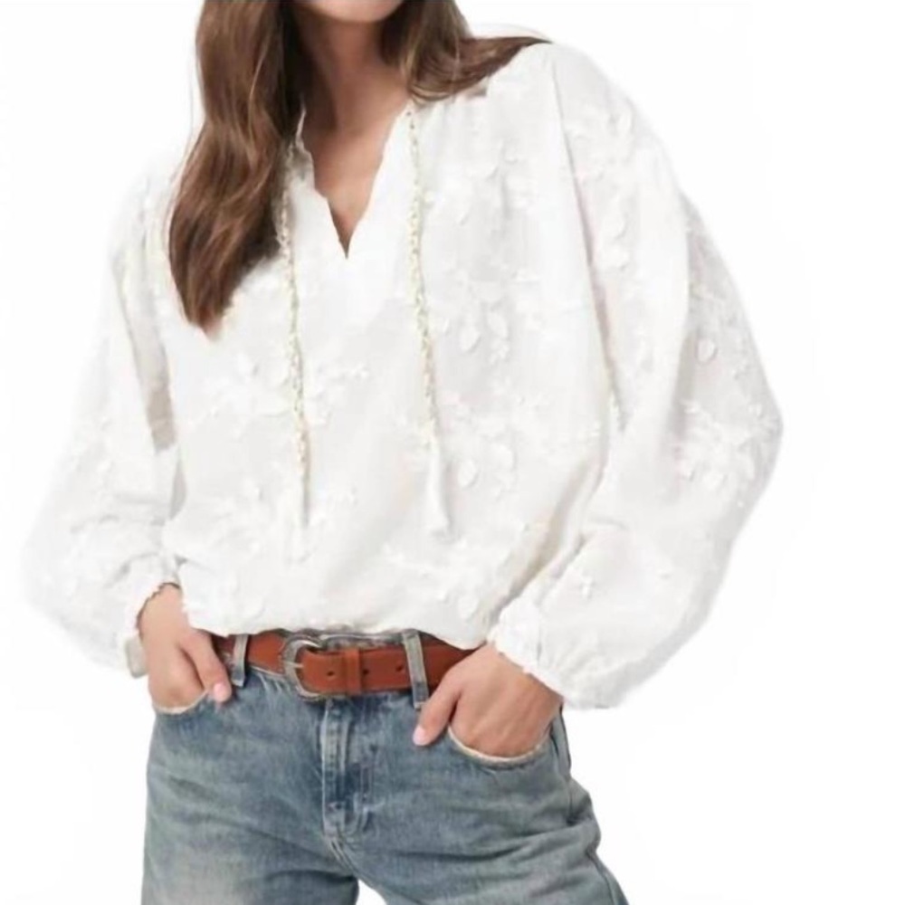 REPEAT White Cotton Floral Embroidered Blouse M